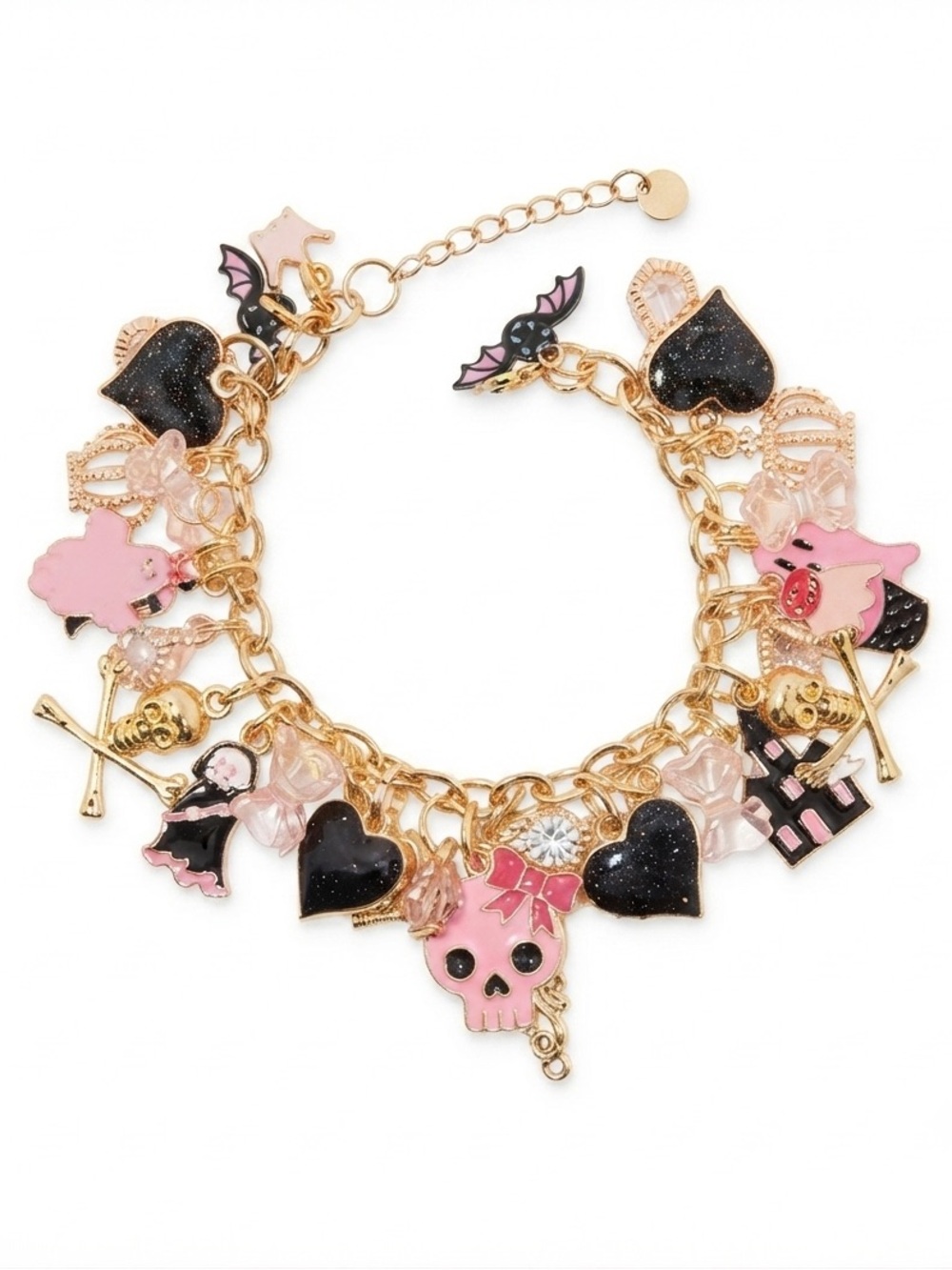 Gold Chain Charm Bracelet with Pink Skull & Black Heart Charms - Picture 5 of 5